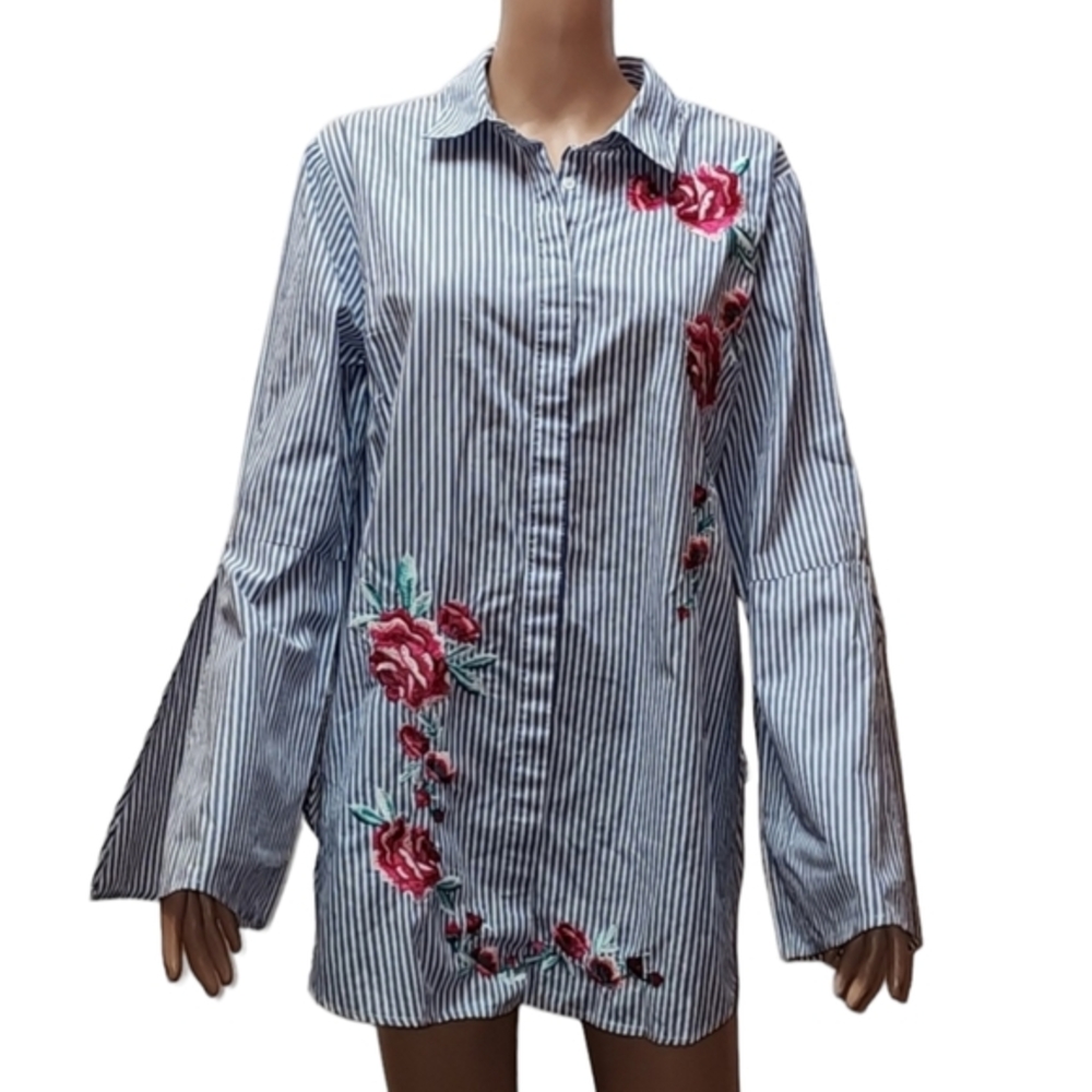 Merona Size XXL Embroidered Roses  Blue White Stripes long Sleeves Womens Blouse